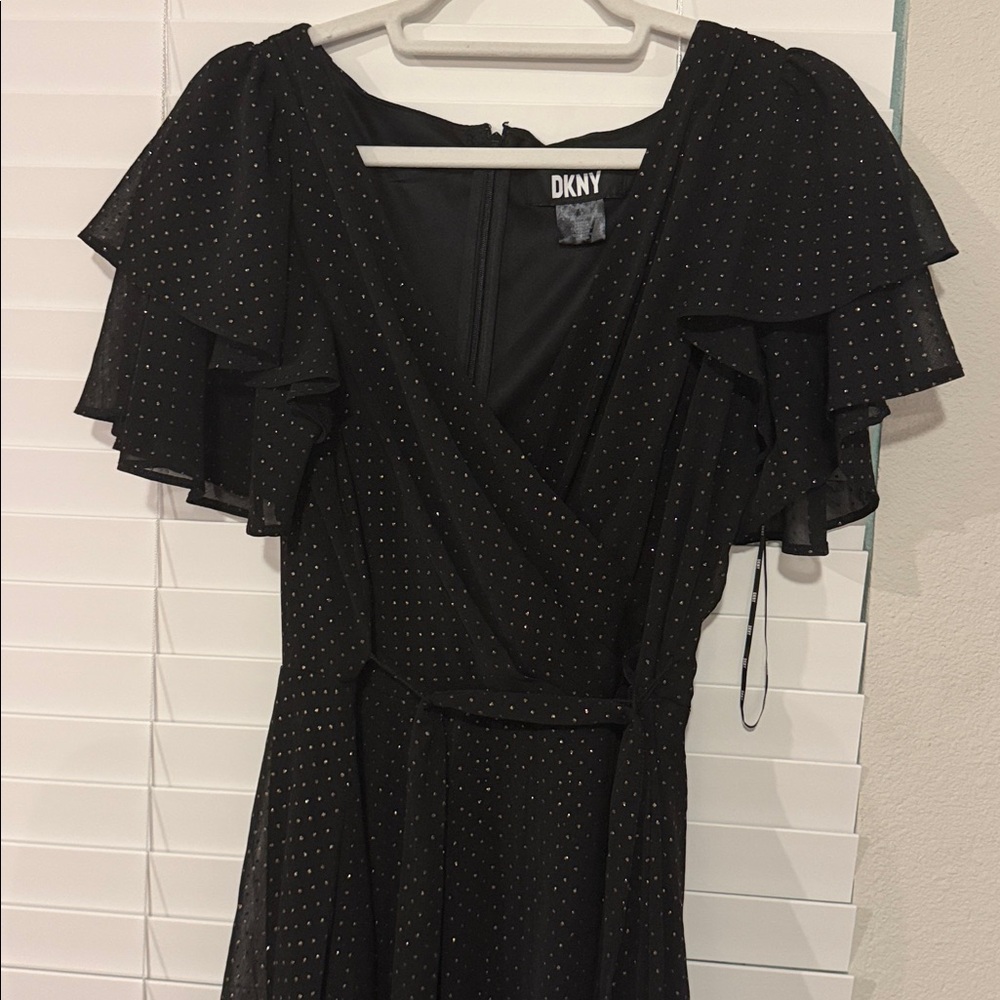 DKNY Women's Black and Gold Metallic Pin-Dot Flutter Sleeve Dress
